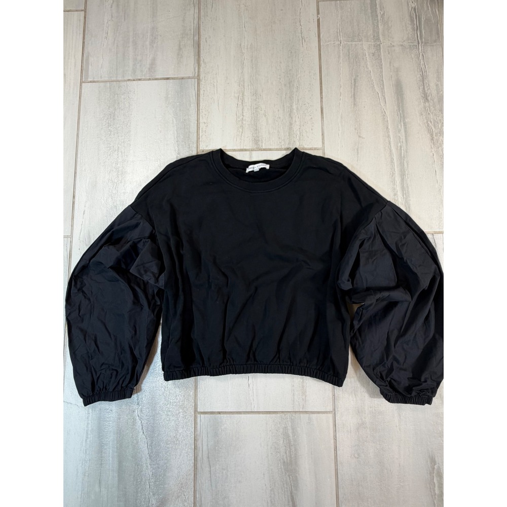 Rebecca Minkoff Black Mixed Media Puff Sleeve Sweatshirt Elastic Hem Large